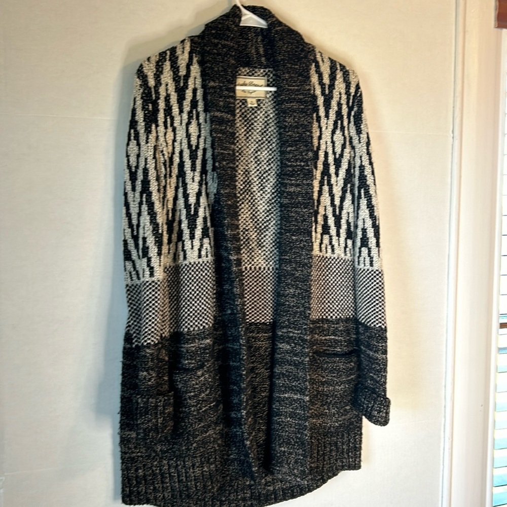 Lucky Brand Jacquard Open Front Long Sleeve Knit Wool Blend Tunic Cardigan. Sz S